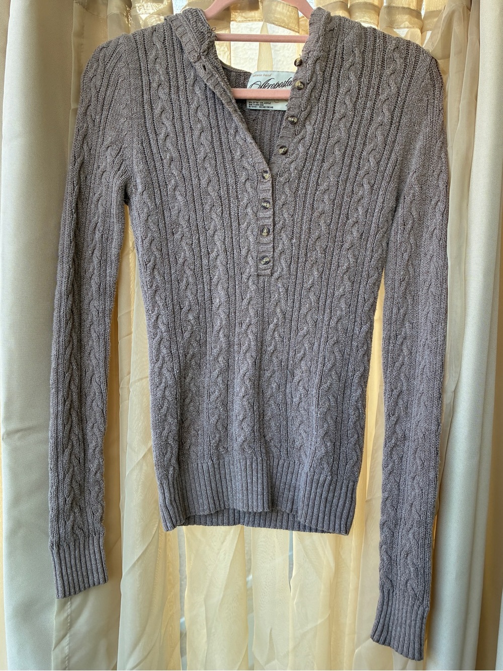 Vintage Y2K Aeropostale Taupe Brown Cable Knit Henley Hoodie Sweater Small